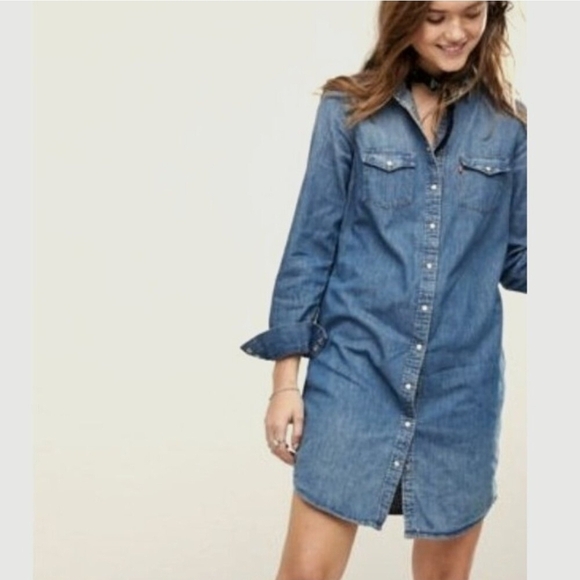 Levi's Long Sleeve Blue Western Denim Shirt Dress - Picture 2 of 14